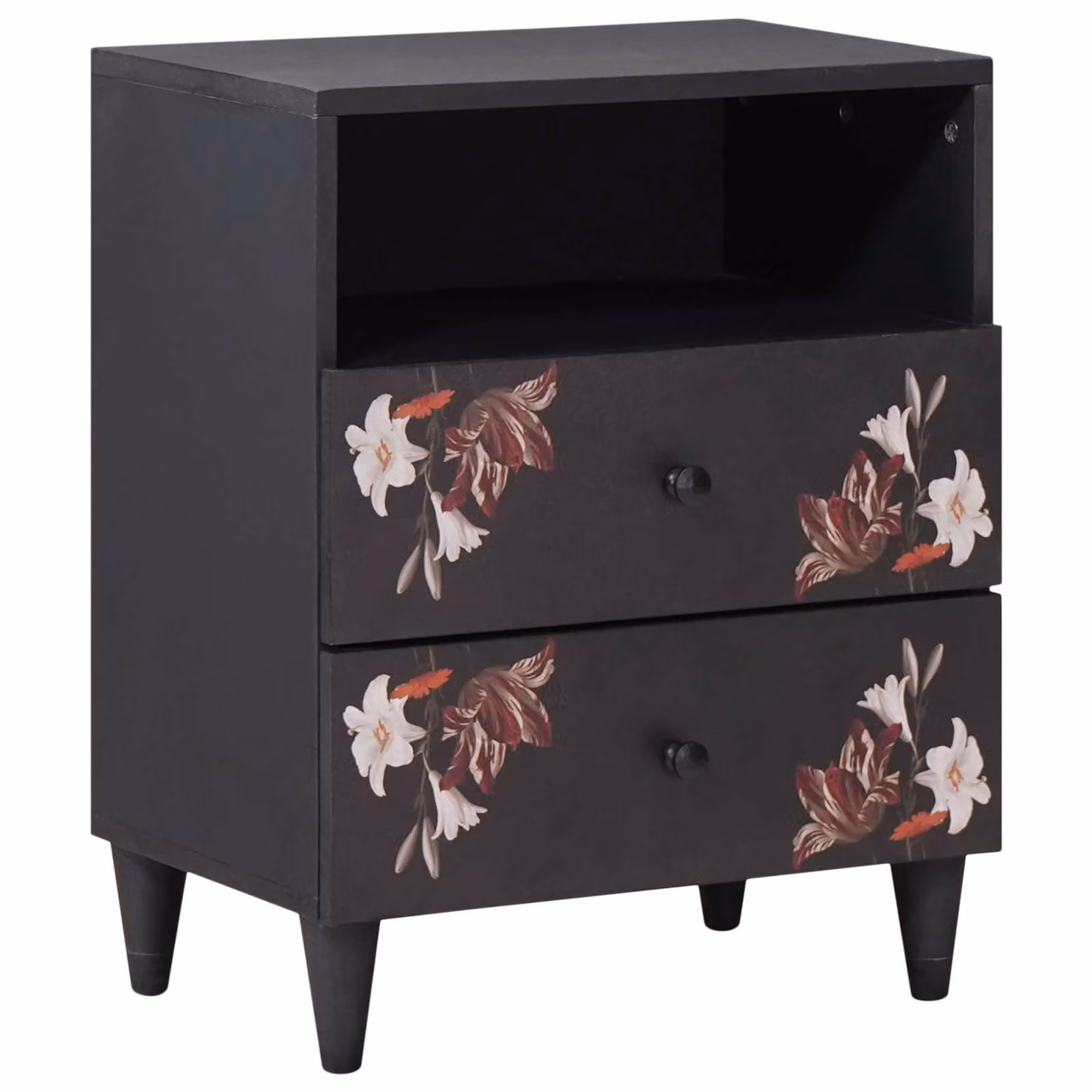 Comodino moderno vidaXL in legno di mango massello con decorazione floreale multicolore L: 50 cm, P: 33 cm, H: 60 cm