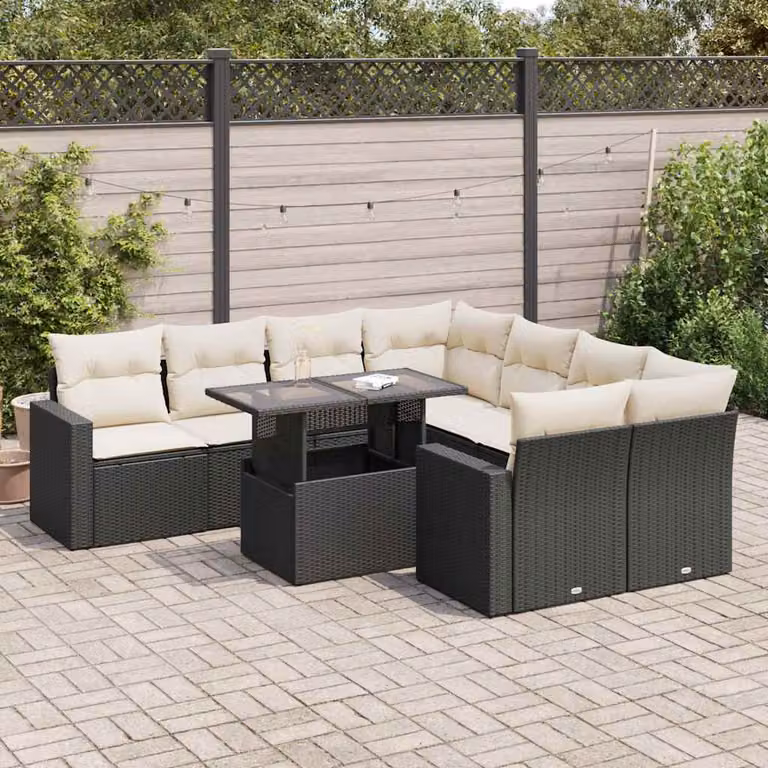Set di divani da giardino vidaXL 9 pz a forma di U con cuscini, colore nero e struttura in metallo e rattan