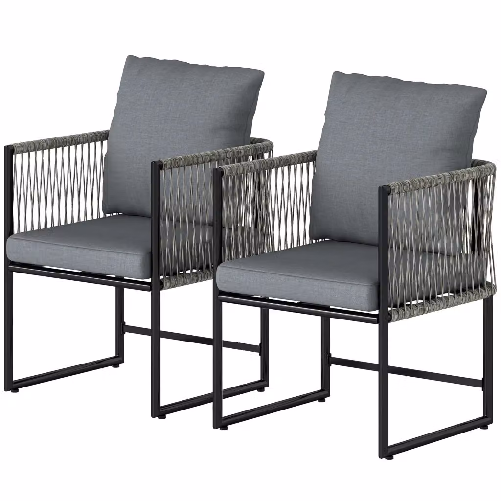 Set di 2 sedie da giardino Minimal in polyrattan e acciaio con cuscini e braccioli, colore grigio antracite, L 52 cm x P 52 cm x H 66 cm – 2