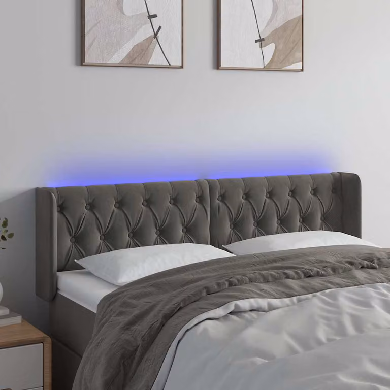 Testiera per letto vidaXL in velluto grigio con illuminazione LED e porta di ricarica USB, L: 163 cm, P: 16 cm, H: 78-88 cm