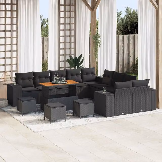 Set Divano da Giardino a L vidaXL in Polyrattan Nero con Cuscini e Tavolino da Esterno 14 Pezzi – 1