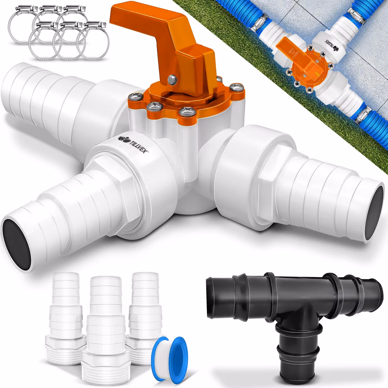 tillvex® Set bypass piscina 12 pezzi - attacco Ø32 e 38 mm | valvola a 3 vie e adattatore ABS | 6x fascette stringitubo & 8m nastro isolante - ideale per sistemi di filtraggio a sabbia, pompe di calore e riscaldamento piscina (arancione)