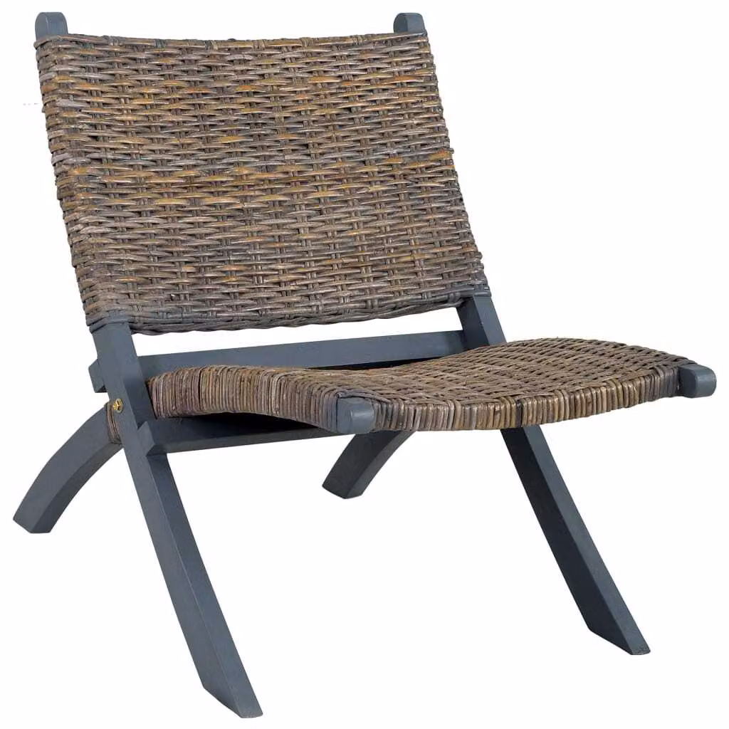 The Living Store Sedia relax grigia in rattan naturale Kubu e legno massiccio di mogano