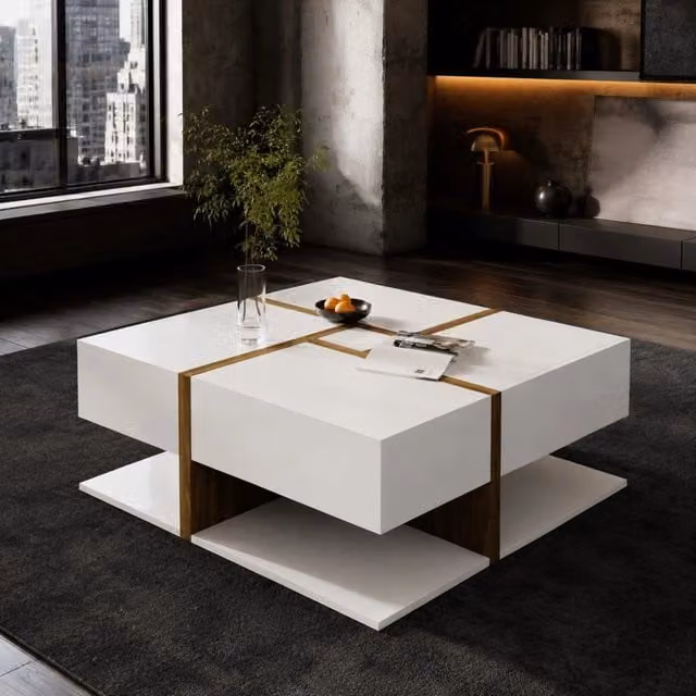 Tavolino basso 78x78x34,8 cm bianco in truciolare, 4 cassetti