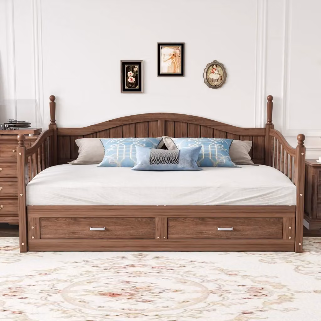 Letto divano singolo OKWISH estraibile con 2 cassetti in legno color noce, L/P/H: 90 x 190 cm – 2