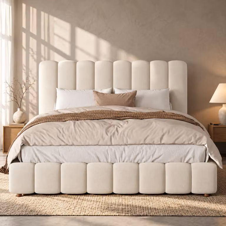 Letto imbottito 200 x 200 cm con rivestimento in velluto e rete a doghe – Letto matrimoniale con motivo a righe verticali e gambe in legno massello, struttura del letto color beige