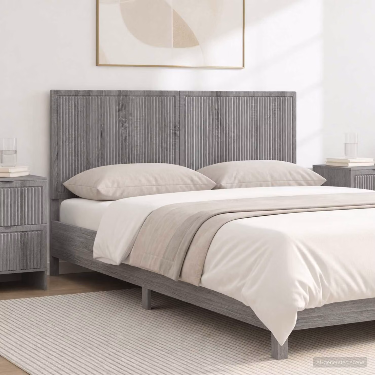 Testiera da muro vidaXL EDE in legno ingegnerizzato grigio con ripiano integrato e scomparti laterali L: 140 cm, H: 50 cm, P: 3 cm