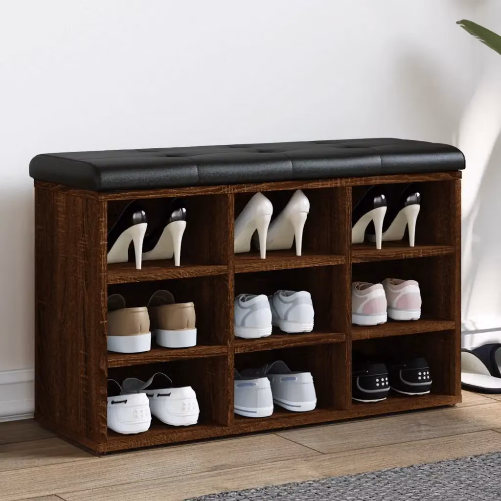 Panca Porta Scarpe Design In in Legno Rovere Marrone e Nero con Seduta in Pelle Sintetica L: 82 cm, P: 32 cm, H: 50 cm – 2