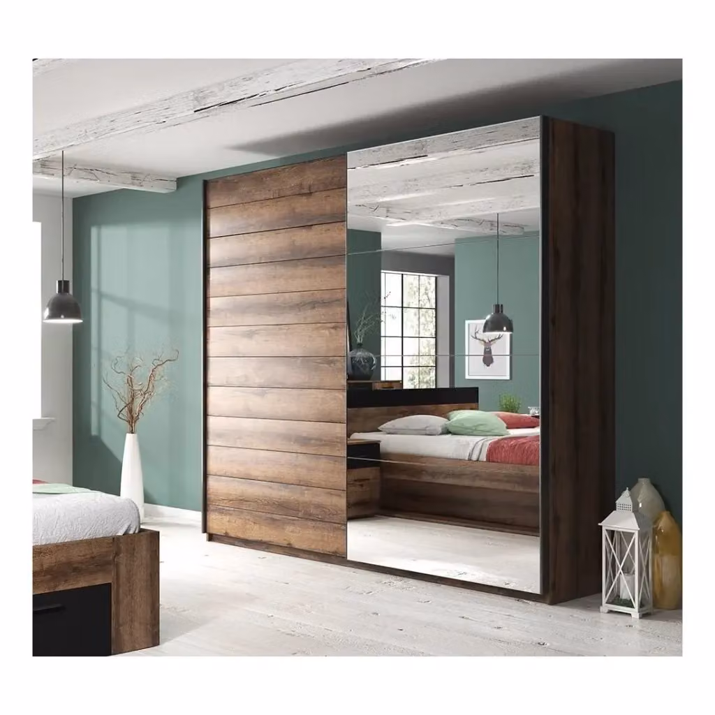 Armadio design Meublorama con ante a battente e specchio, colore rovere marrone, L: 220.5 cm, H: 210 cm, P: 61 cm – 2