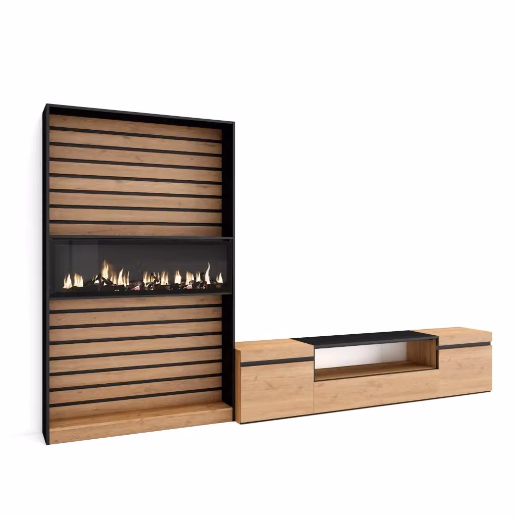 Mobile TV da soggiorno SKRAUT HOME con camino elettrico per TV fino a 80 pollici, colore Rovere e nero, L: 310 cm, P: 35 cm, H: 186 cm – 2