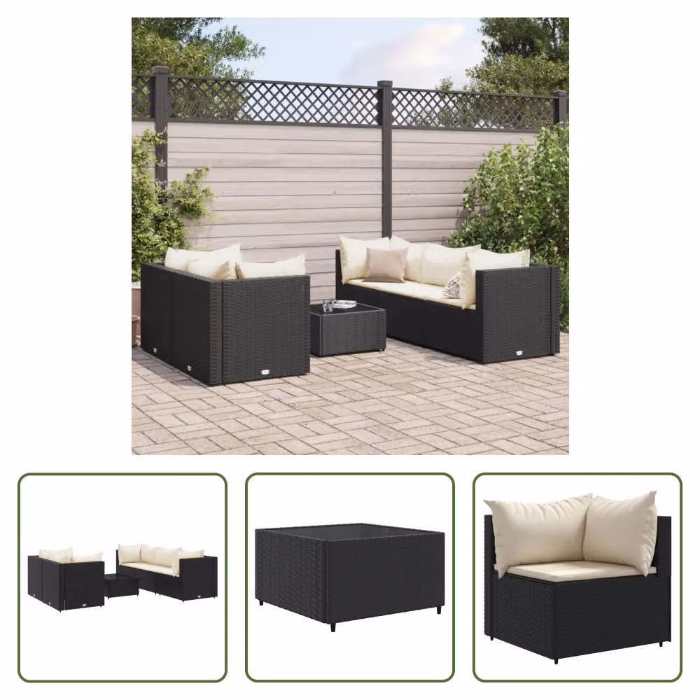 The Living Store Set da giardino da 6 pezzi con cuscini in poly rattan nero