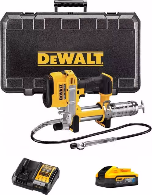 Pistola per grasso DeWalt DCGG571H1K gialla con batteria Powerstack 5,0 Ah e valigetta di trasporto