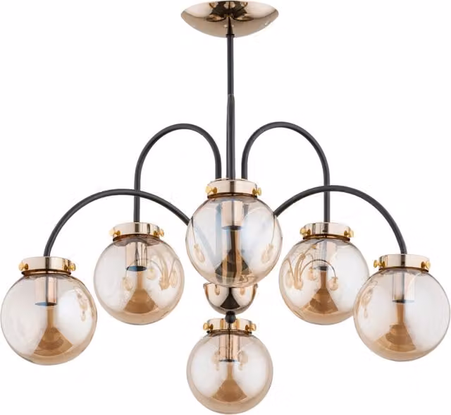 Lampadario a soffitto Belize Alfa in metallo e vetro nero e oro con 6 sfere in vetro ambra e trasparente, attacco E14