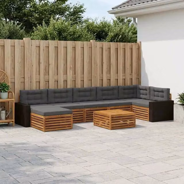 Set di divani da esterno a L vidaXL in legno di acacia con tavolino e pouf, colore naturale e antracite