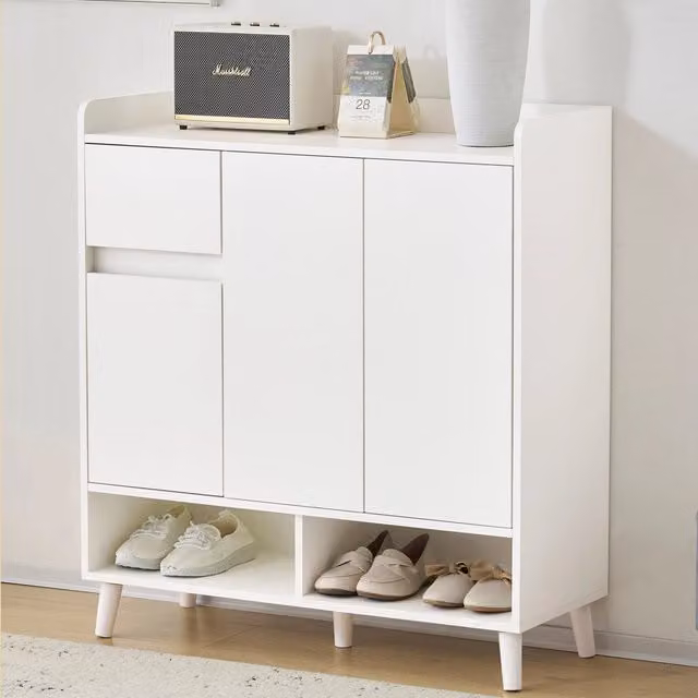 Scarpiera con ripiani regolabili; vani aperti e cinque gambe in legno bianca 99 × 90 × 35 cm