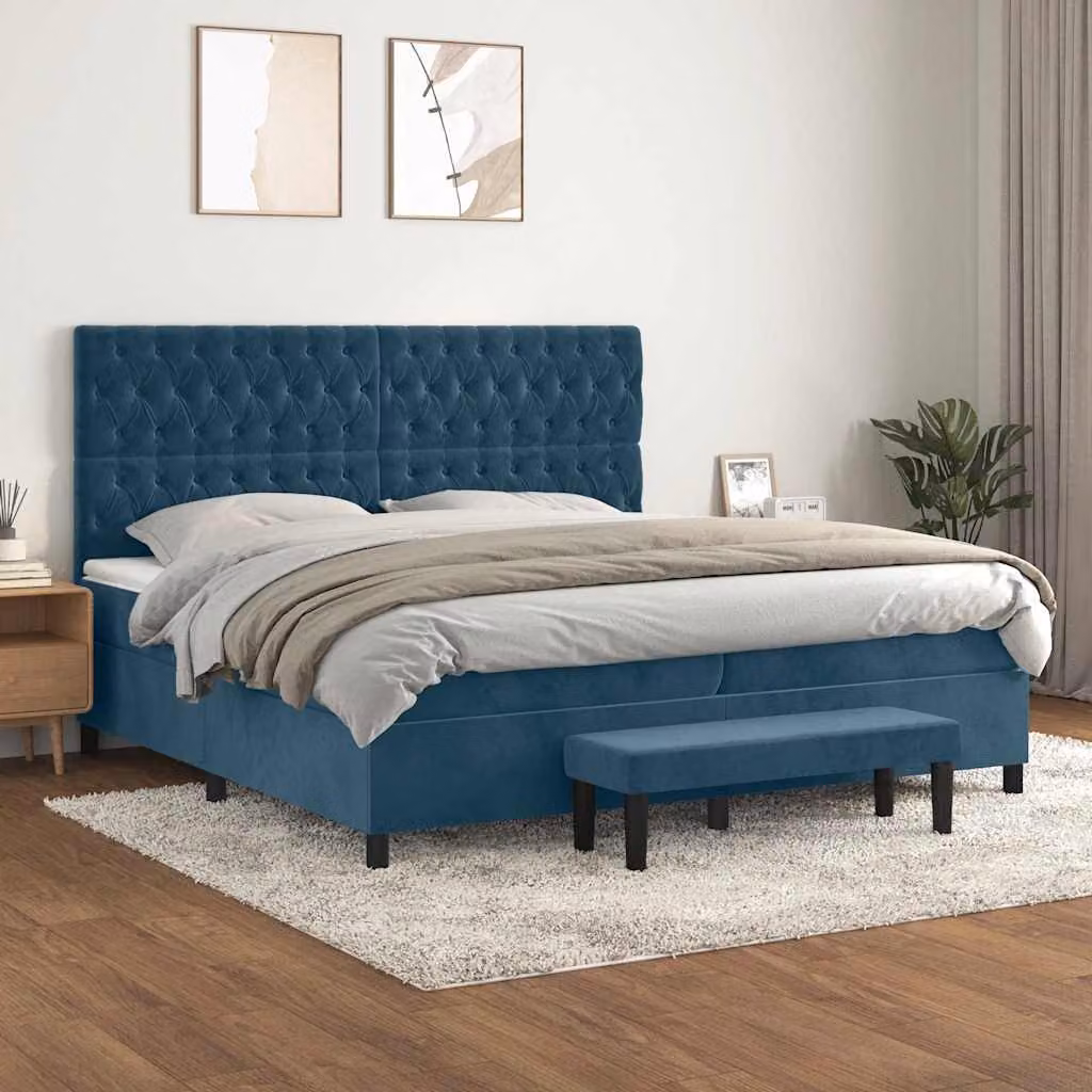 vidaXL Letto Ibrido con Giroletto a Molle e Materasso in Velluto Blu Scuro, L/P: 200 x 200 cm – 1