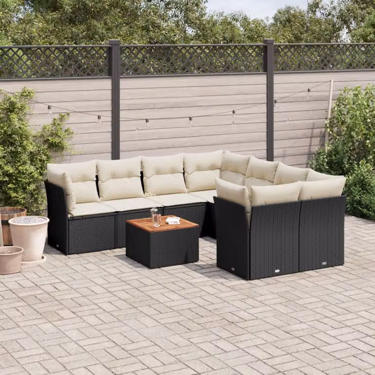 vidaXL Set Divani da Giardino 9 pz a Forma a L in Polyrattan con Cuscini e Tavolino da Esterno Nero