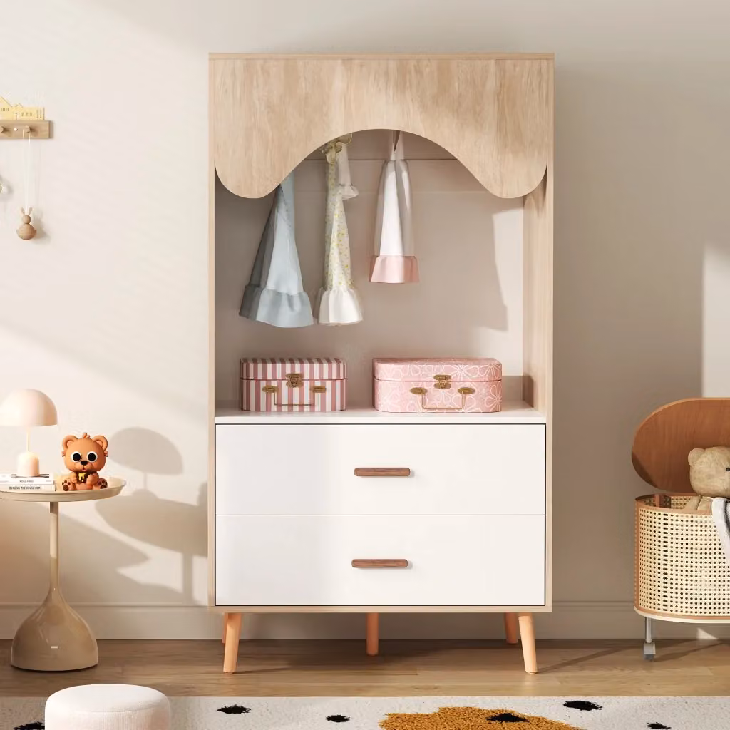 Armadio aperto OKWISH con asta appendiabiti e 2 cassetti in MDF e maniglie in legno massello, bianco e beige, L: 80 cm, P: 46 cm, H: 141,5 cm – 2