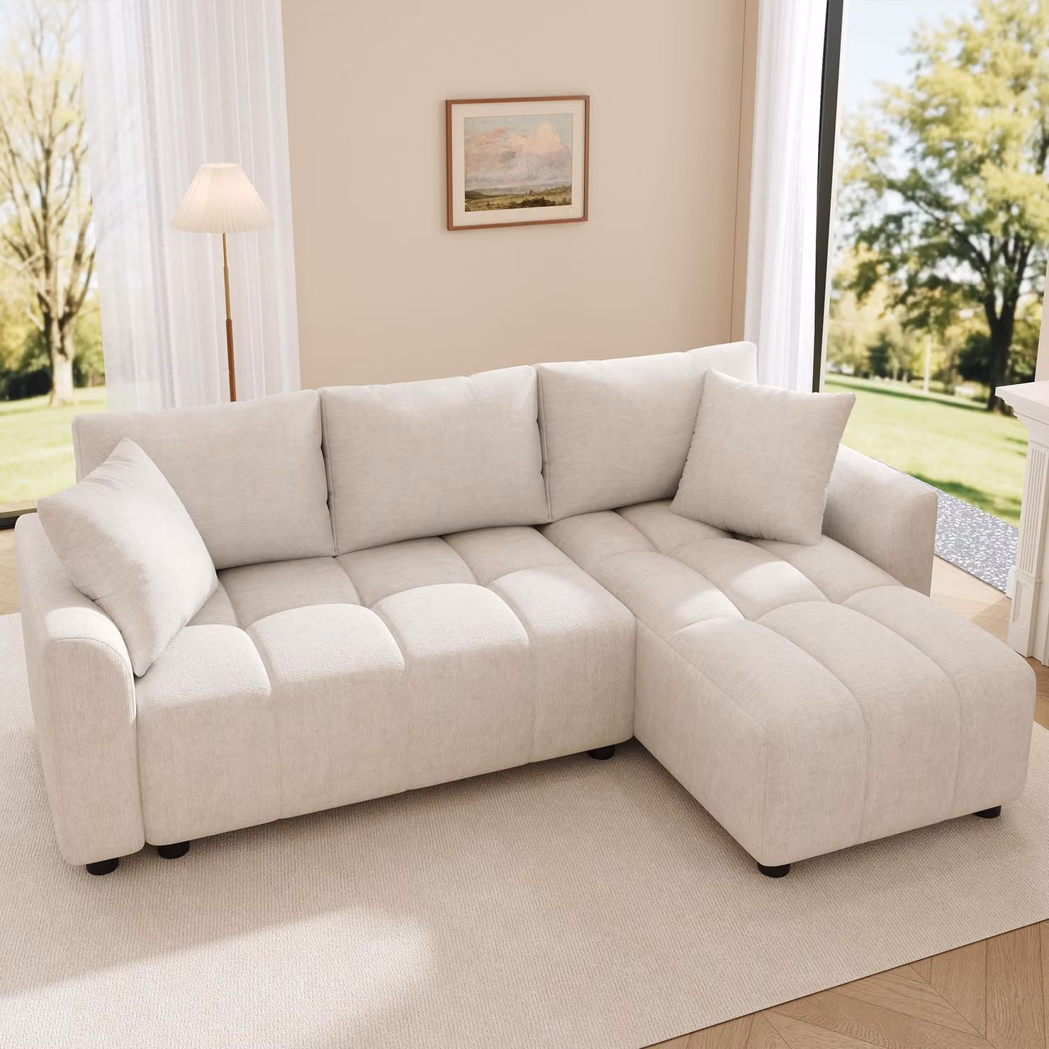 Divano a 3 posti Merax, divano angolare a L con chaise longue, tessuto ciniglia, divano per soggiorno e appartamento, con 2 cuscini, divano, divanetto, beige