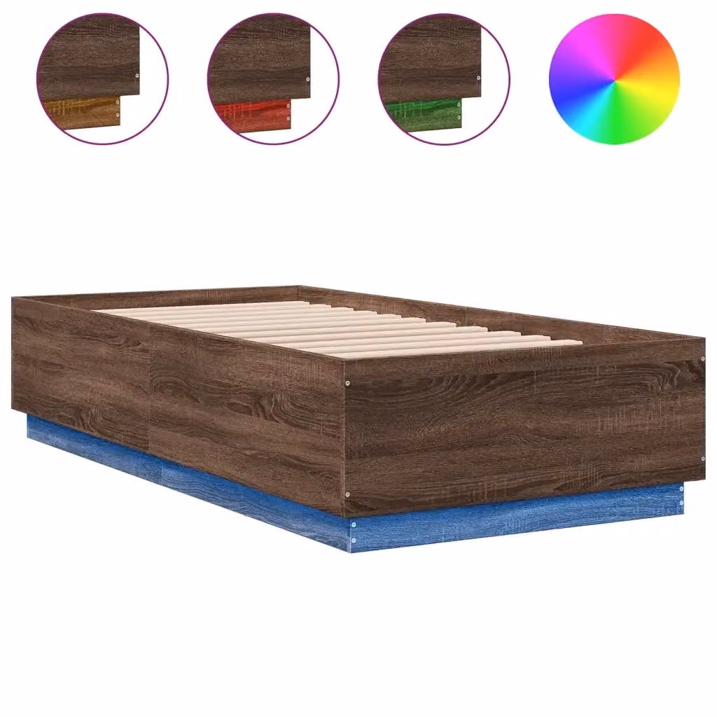 Letto singolo vidaXL in legno rovere marrone con luci LED sottobasso e porta USB, L/P/H: 190 x 90 x 32 cm – 2