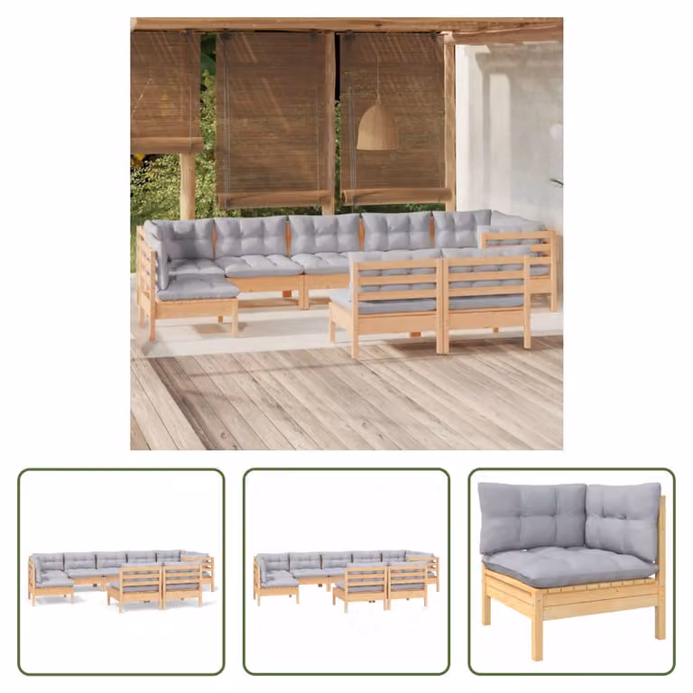The Living Store Set da 9 pezzi per salotto da giardino con cuscini grigi in legno di pino massiccio
