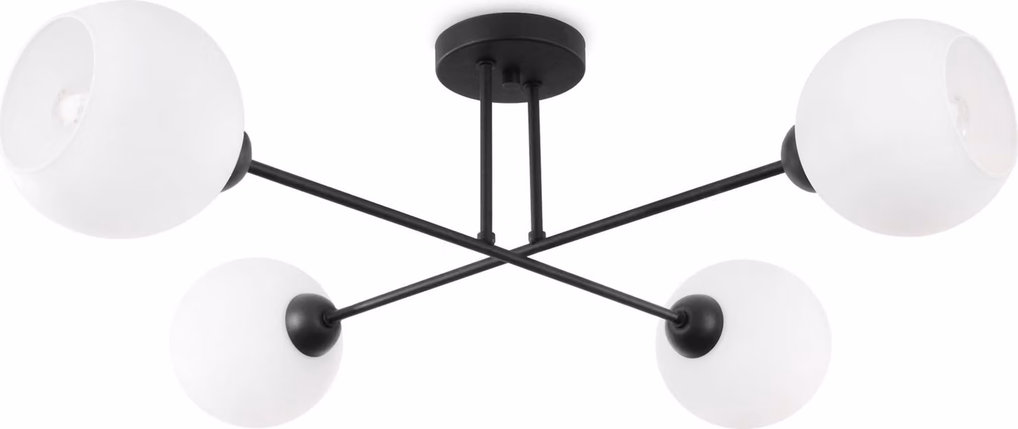 Lampada da soffitto Asturia nera a 4 luci con paralume in vetro bianco E27