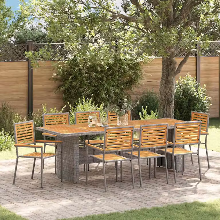 Set da pranzo per giardino e terrazza vidaXL in polyrattan e legno di acacia, 9 pezzi, Grigio e Marrone, L: 240 cm, P: 90 cm, H: 75 cm
