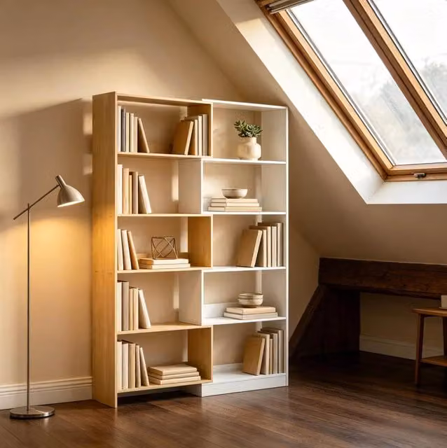 Libreria 111,5x23,8x163,7 cm naturale e bianca in truciolare, 5 ripiani modulari