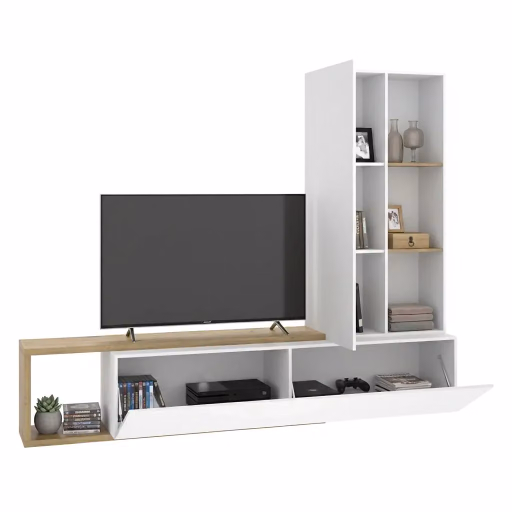 Parete Attrezzata Modulabile DMORA Vicksburg per Soggiorno, Bianco e Rovere – 2
