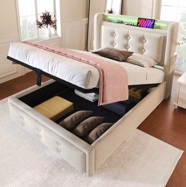 Letto 90x200 cm con contenitore, LED, USB e USB-C rivestito in cotone-lino beige