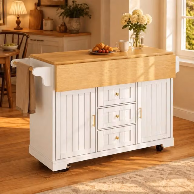 Isola da cucina ULEVR 120x40/80x95 cm pieghevole con ruote, 3 cassetti e 2 ante, bianca