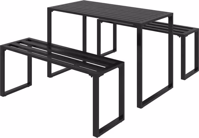 Set da giardino Komhtom composto da tavolo rettangolare e due panche in acciaio verniciato nero opaco