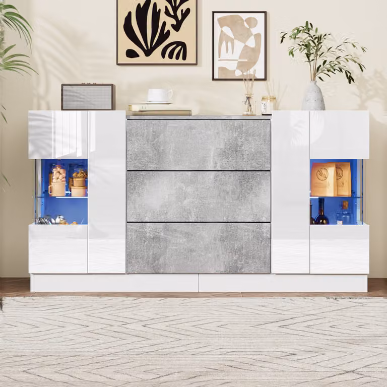 Credenza Merax in bianco lucido e effetto marmo, cassettiera con LED, 2 ante e 3 cassetti, 140x35x75cm