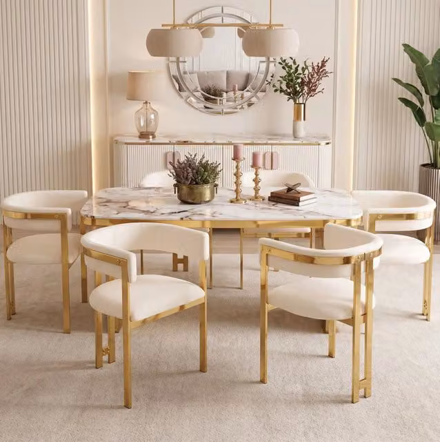 Set di 6 sedie in chenille beige con schienale semicircolare e struttura dorata