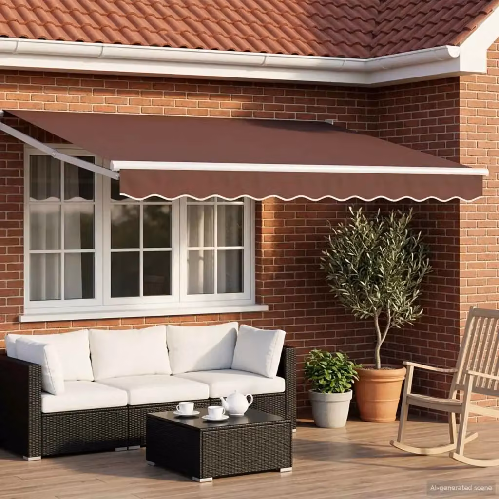 Tenda da sole retrattile DESIGN IN con bracci pieghevoli in alluminio e tessuto in poliestere, colore marrone o bianco, L: 350 cm x P: 195 cm, montaggio a parete con manovella – 2