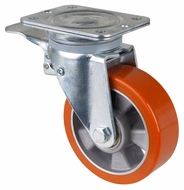 BS Ruote girevoli con freno totale e piastra avvitabile Pneumatico in poliuretano fuso Cuscinetto a sfera Ruota Ø 150 mm 550 kg - N120.B90.154
