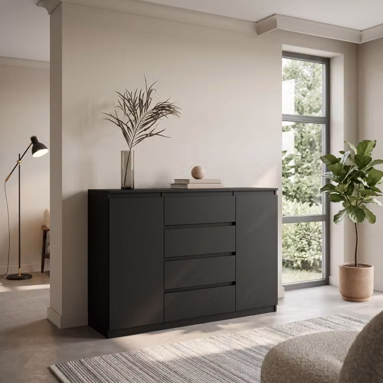 Comodà Masseno NUDO da 120 cm con 4 cassetti e 2 ante per soggiorno e camera da letto, stile moderno, 120x39x101,5 cm, nero / nero