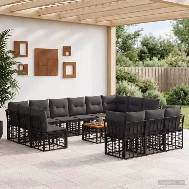 Set di divani da esterno vidaXL a forma di U con tavolino da caffè, colore nero e grigio, struttura in metallo e legno di acacia con cuscini inclusi – 1