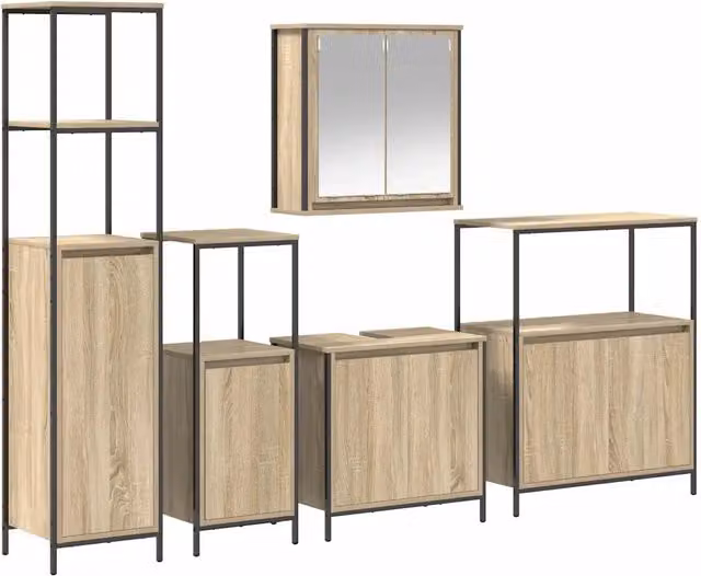 Set di mobili per il Bagno | Armadio da bagno con porta 5 pz Rovere Sonoma e Nero