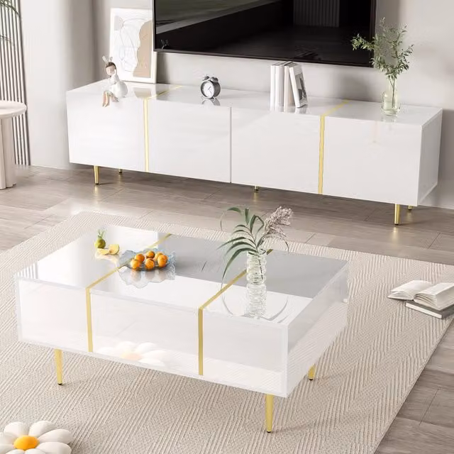 Set moderno con mobile TV e tavolino da salotto, finitura bianco lucido