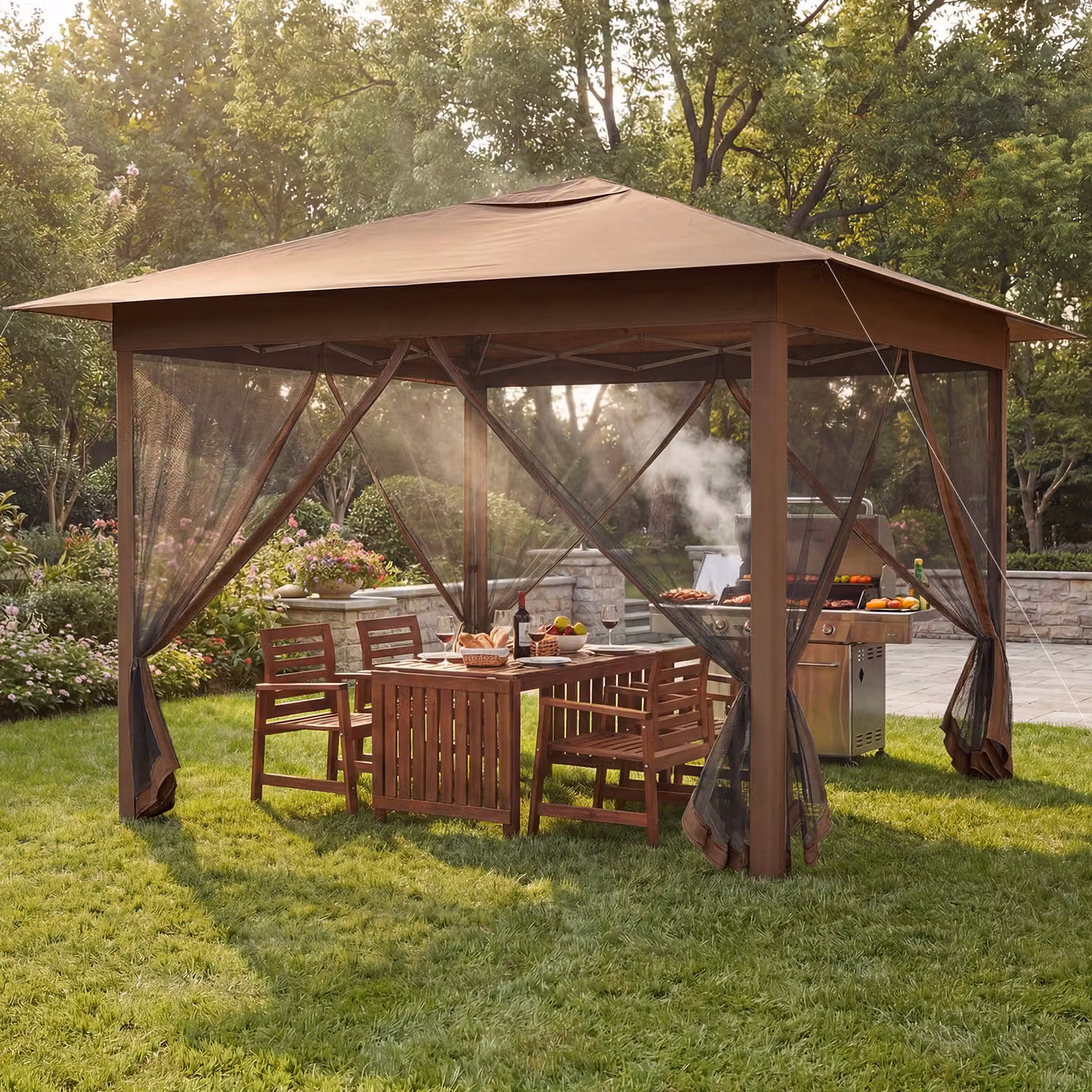 Costway Gazebo pieghevole da giardino con telo in Oxford e 4 lati in rete, Marrone, L/P: 300 x 300 cm
