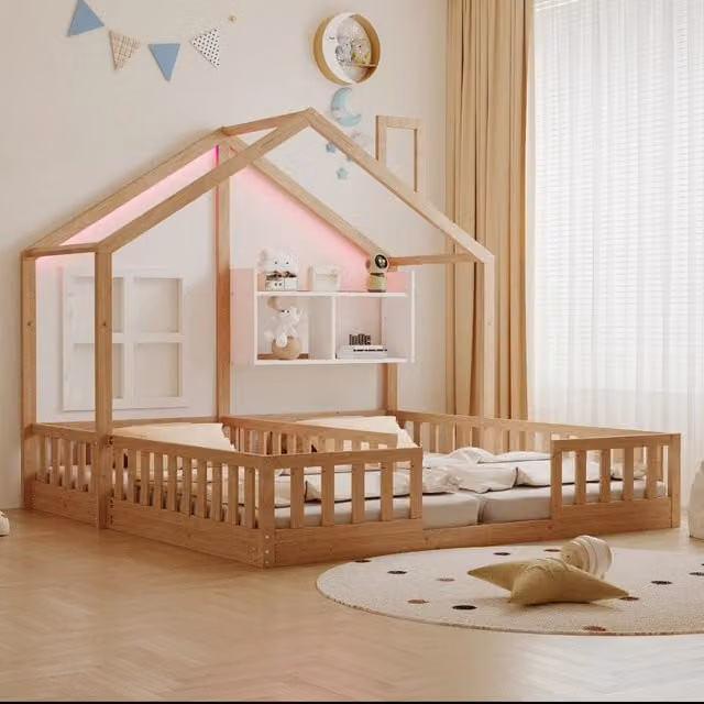 Letto a casetta Mivray per bambini in legno di pino marrone con illuminazione LED e ripiani laterali L: 90 cm, P: 200 cm, H: 188 cm