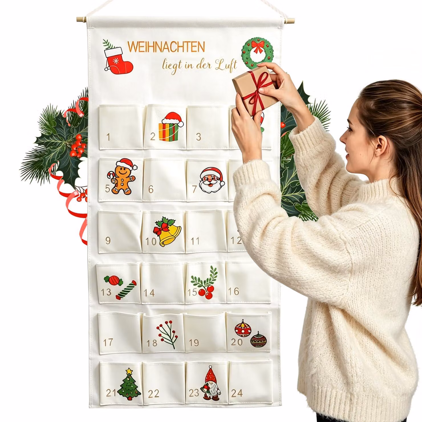 Calendario dell'Avvento in tessuto, con 24 scomparti, riutilizzabile, dimensioni 30x30 cm