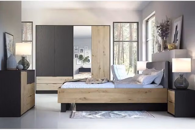 Set di Mobili Camera da Letto Moderna Meublorama MELODY in Legno Rovere con Armadio, Letto Contenitore 160x200 cm, Comodini e Cassettiera Colore Marrone e Nero