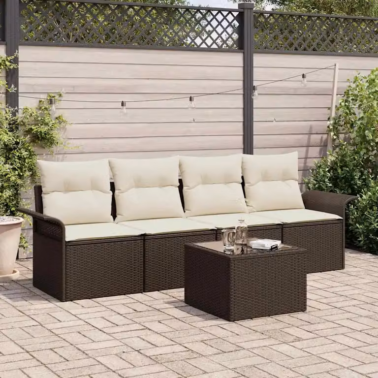 Set Divano da Giardino vidaXL 5 Pezzi a Forma di U in Polyrattan Marrone e Beige con Cuscini e Tavolino