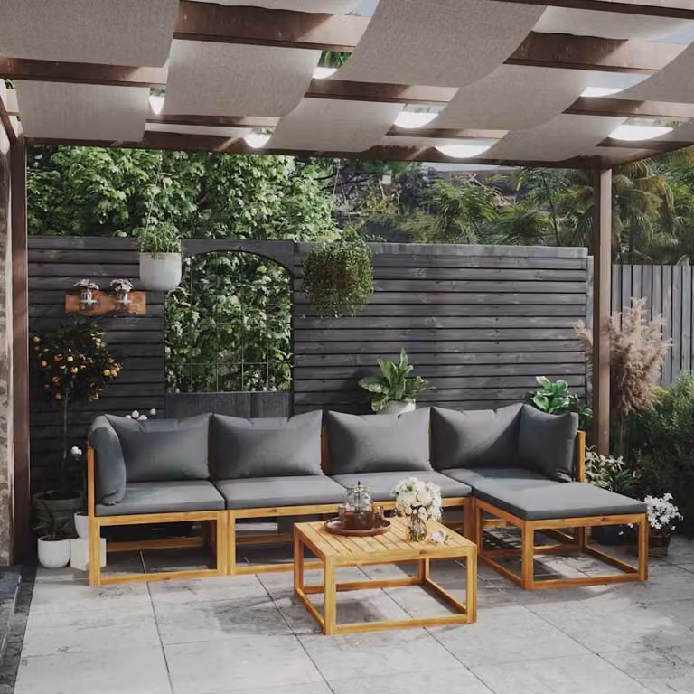 Set di Divani da Giardino vidaXL in Legno di Acacia con Cuscini Grigi, 6 Pezzi, Design Moderno a L con Tavolino e Pouf