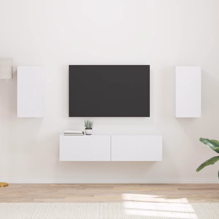 Set mobile TV moderno vidaXL in 4 pezzi, colore bianco, in legno MDF per soggiorno