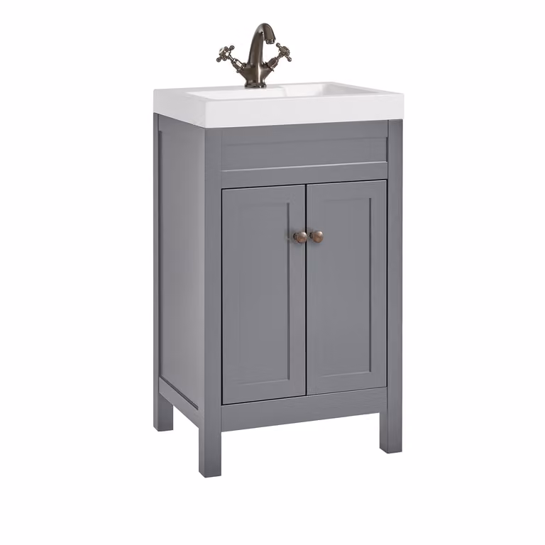 Mobile Bagno Grigio Chiaro da 500mm con Lavabo e  Maniglia Classica Rotonda in Bronzo Spazzolato - Warwick