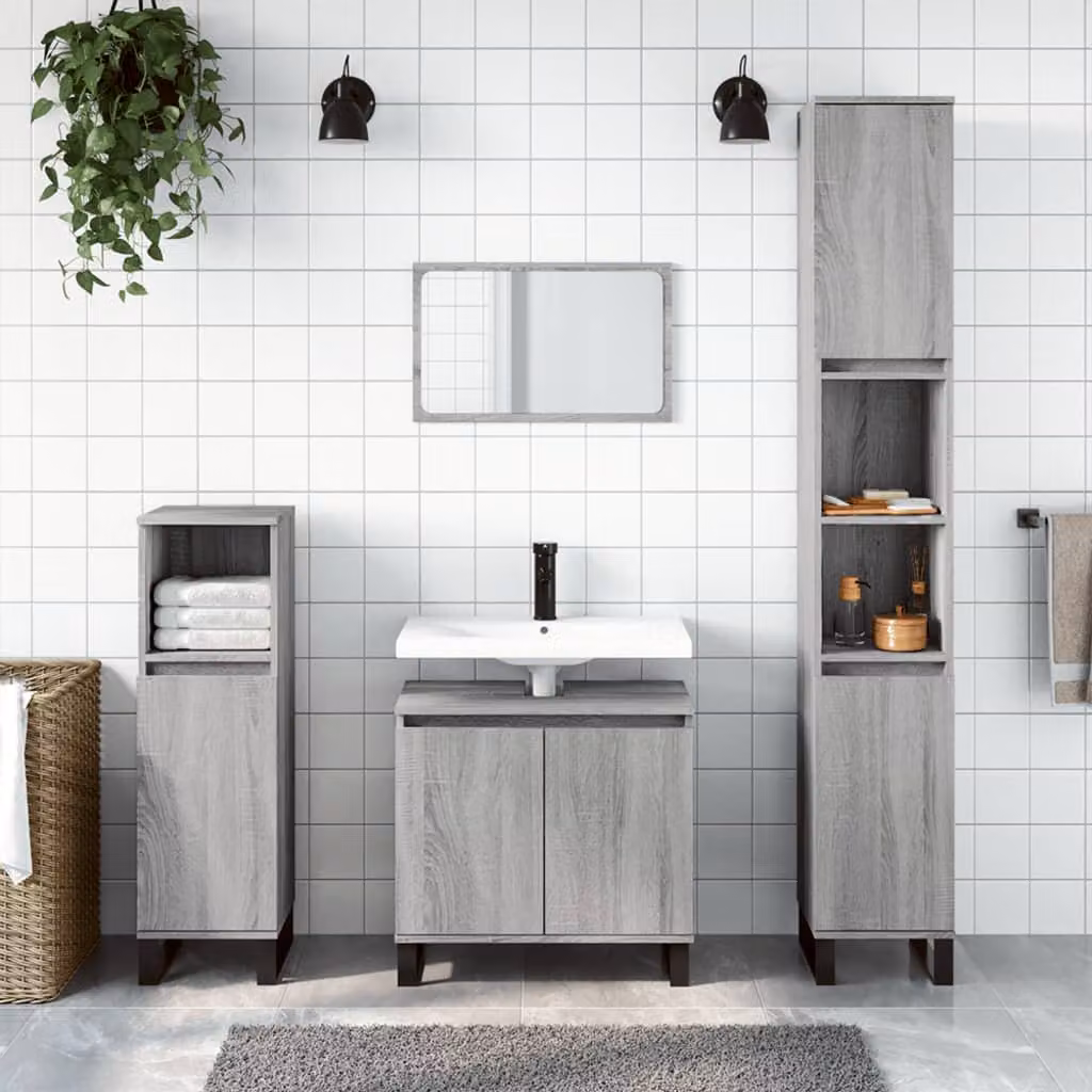 Set di mobili da bagno moderno vidaXL in 3 pezzi colore grigio con legno e metallo L/P/H: 60 x 33 x 58 cm