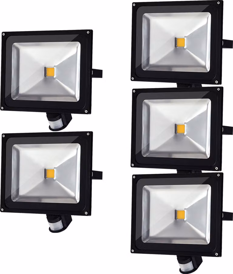 Greenmigo 5x 30W Proiettore con sensore di movimento, luce bianca calda, corpo in alluminio nero, IP65, lampada LED impermeabile, applique, illuminazione diffusa, illuminazione da esterno, lampada da giardino a LED, faretto da esterno